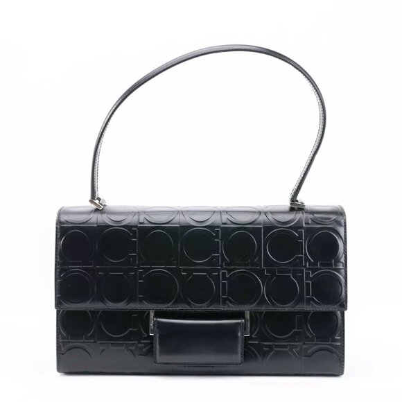 Authentic Salvatore Ferragamo Leather Gancini Pattern Shoulder Bag